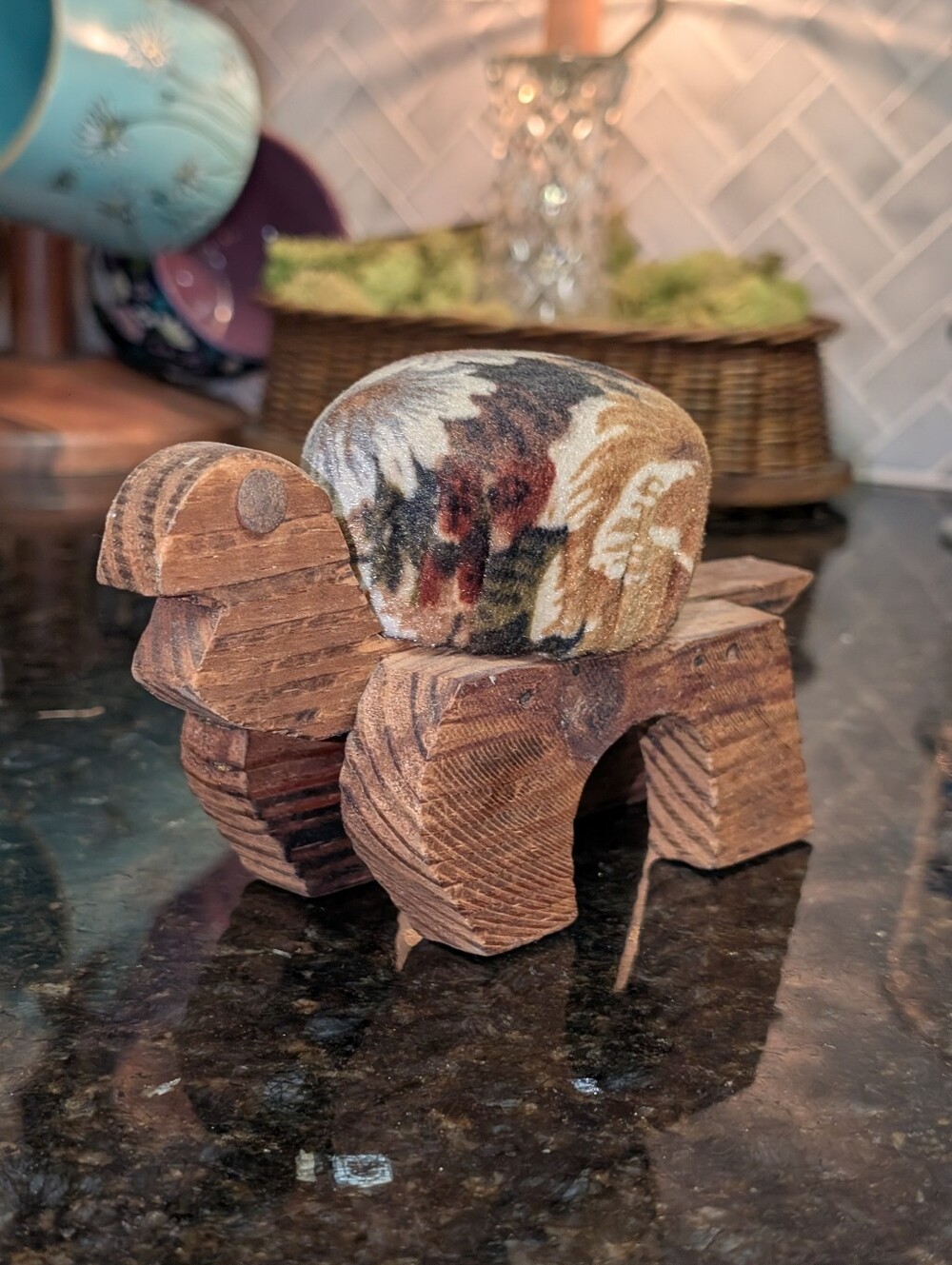 Vintage Handmade Wooden Turtle Pincushion with Floral Fabric Top